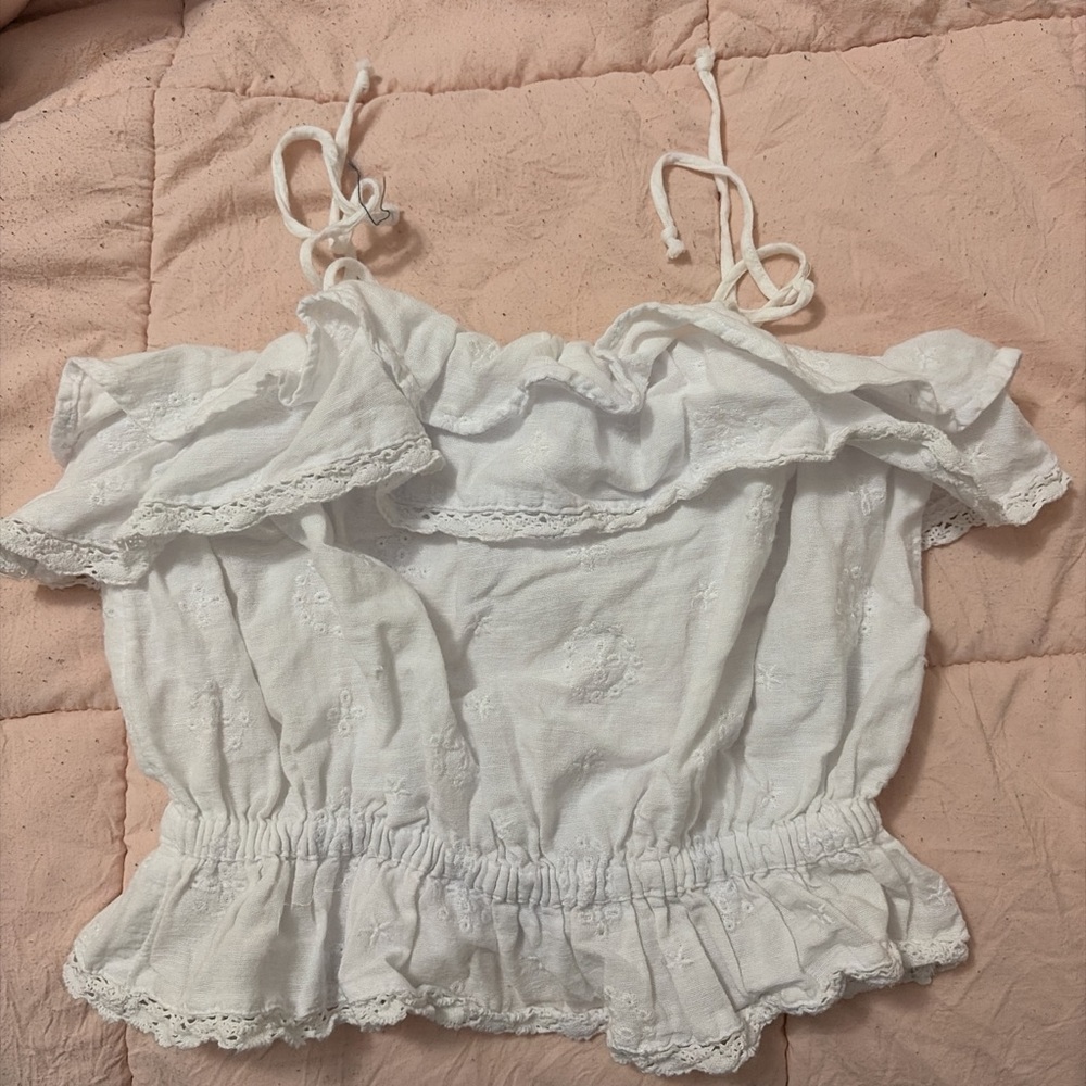 American Eagle Outfitters White Ruffle Off-Shoulder Blouse